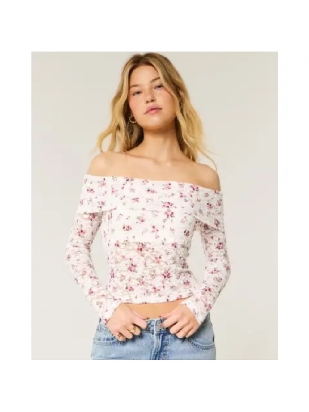 Hollister Off-Shoulder Lace White With Pink Floral Long-Sleeve Top